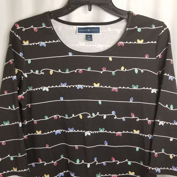 Petite Women's Top Karen Scott Holiday Light Design Black Size PS 3/4 Sleeve NEW - Picture 4 of 8
